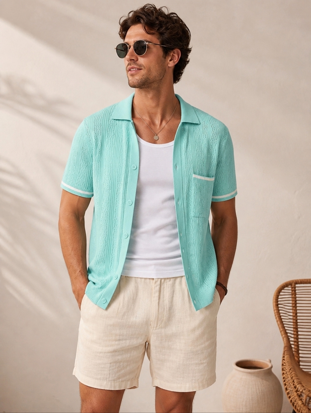 XXL Mint Green Knit Polo Button Up Shirt Textured Beach Resort Camp Casual